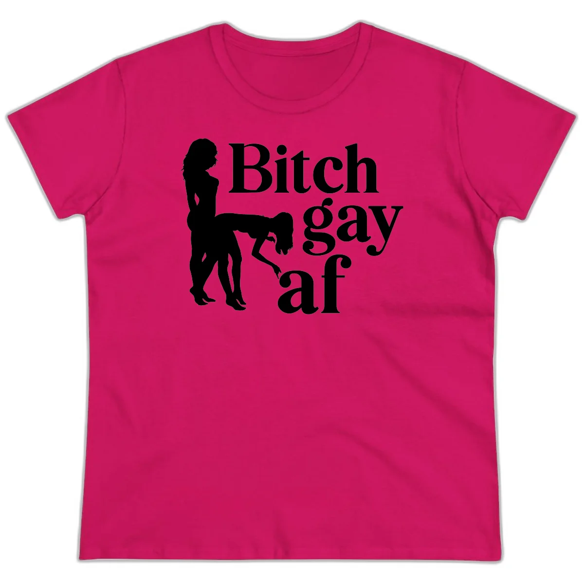 Black silhouettes of two women in intimate pose with 'Bitch gay af' text, bitch-gay-af-pride design in Heliconia