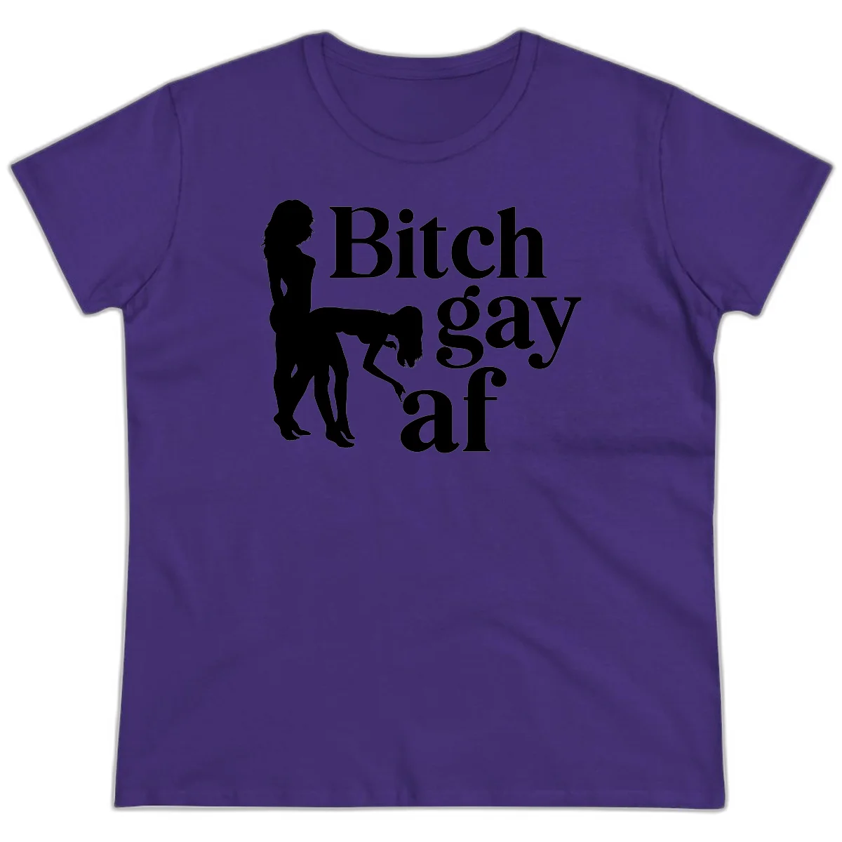 Black silhouettes of two women in intimate pose with 'Bitch gay af' text, bitch-gay-af-pride design in Purple
