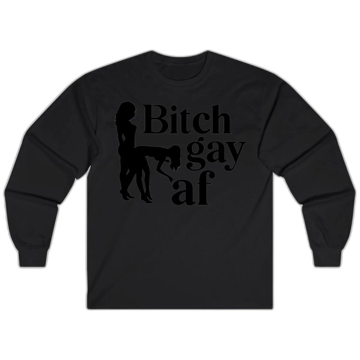 Black silhouettes of two women in intimate pose with 'Bitch gay af' text, bitch-gay-af-pride design in Black