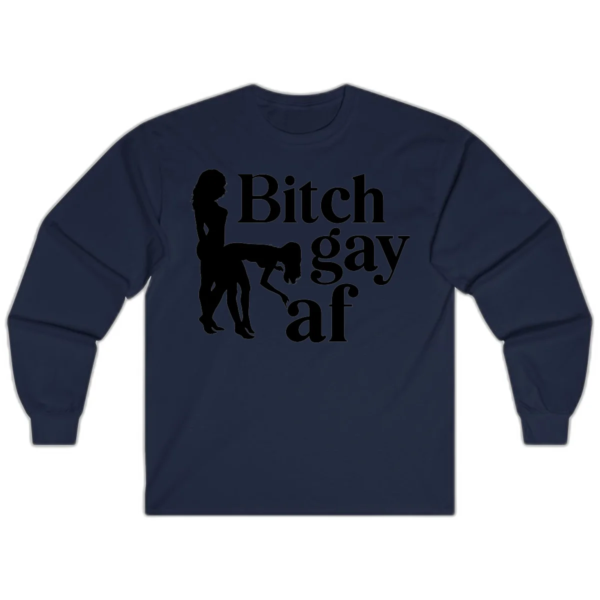 Black silhouettes of two women in intimate pose with 'Bitch gay af' text, bitch-gay-af-pride design in Navy