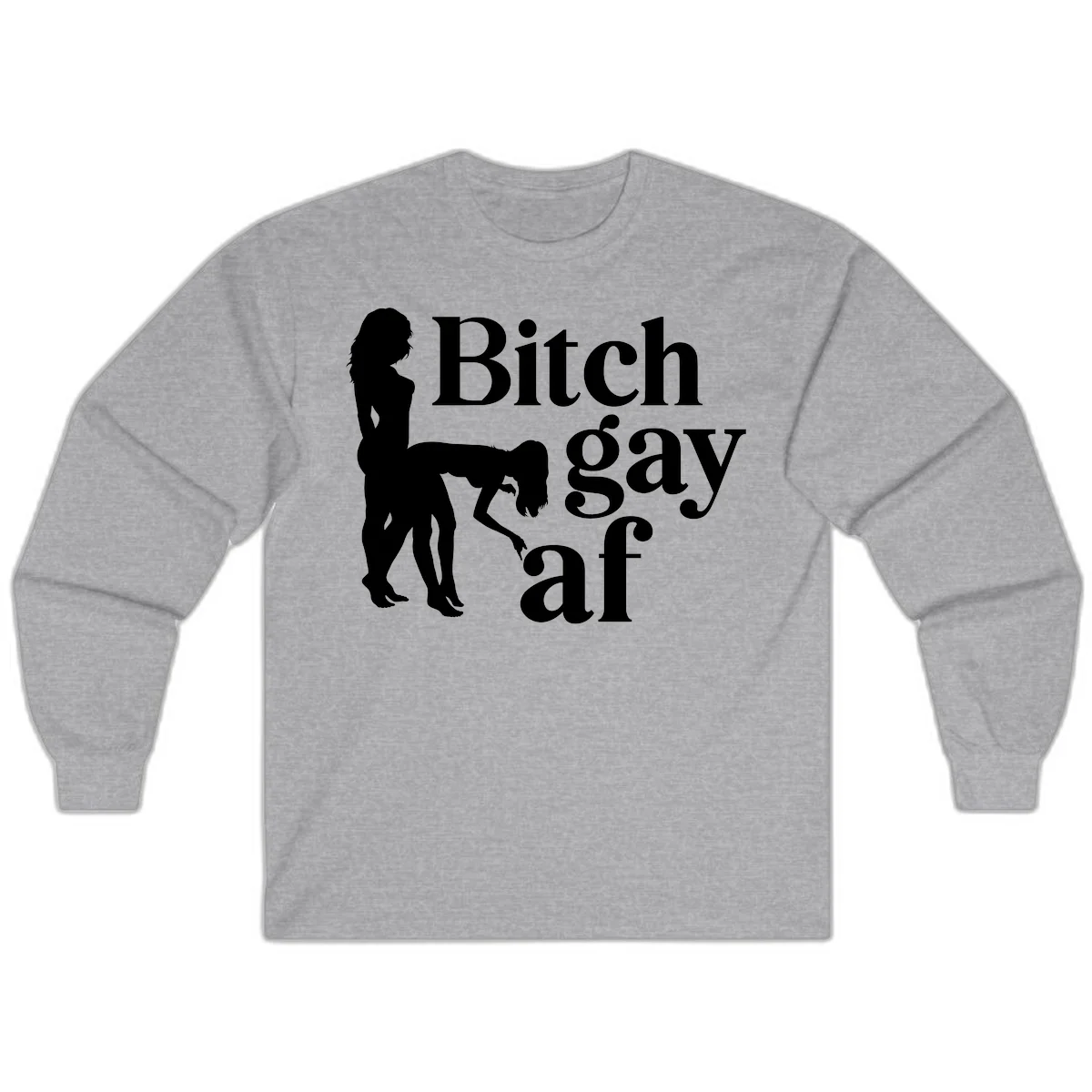 Black silhouettes of two women in intimate pose with 'Bitch gay af' text, bitch-gay-af-pride design in Sport Grey
