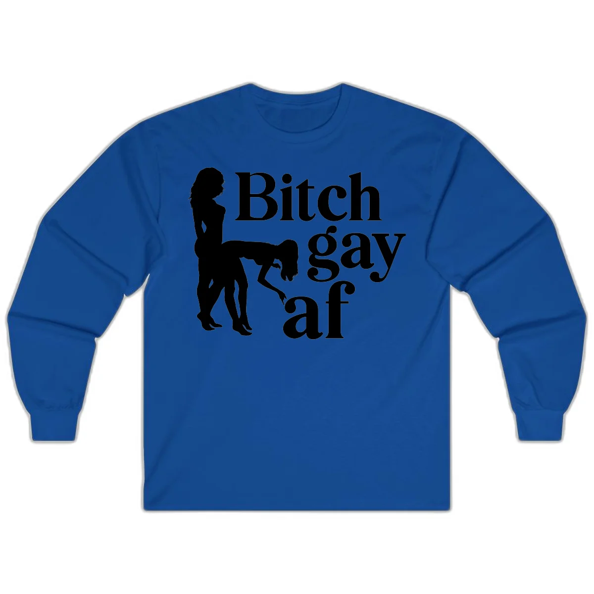 Black silhouettes of two women in intimate pose with 'Bitch gay af' text, bitch-gay-af-pride design in Royal