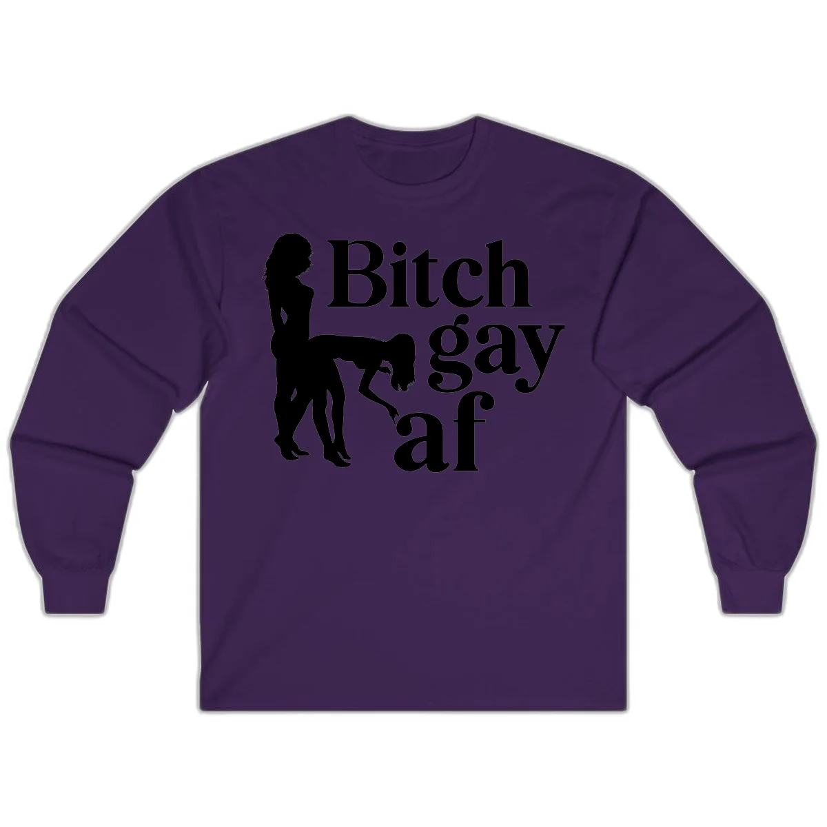 Black silhouettes of two women in intimate pose with 'Bitch gay af' text, bitch-gay-af-pride design in Purple