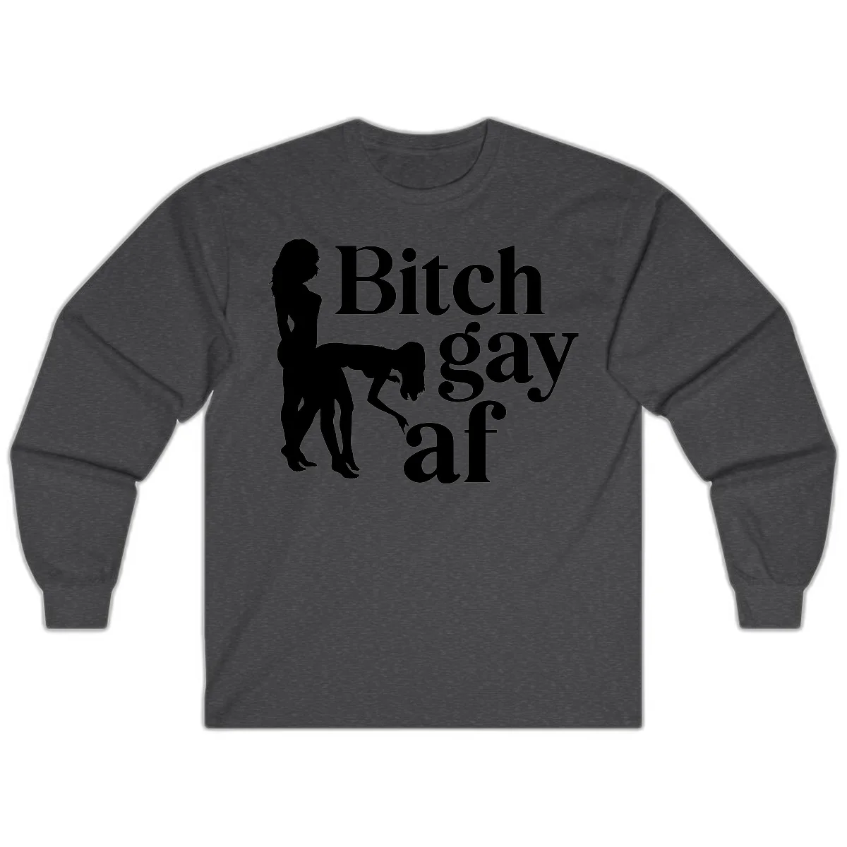 Black silhouettes of two women in intimate pose with 'Bitch gay af' text, bitch-gay-af-pride design in Dark Heather