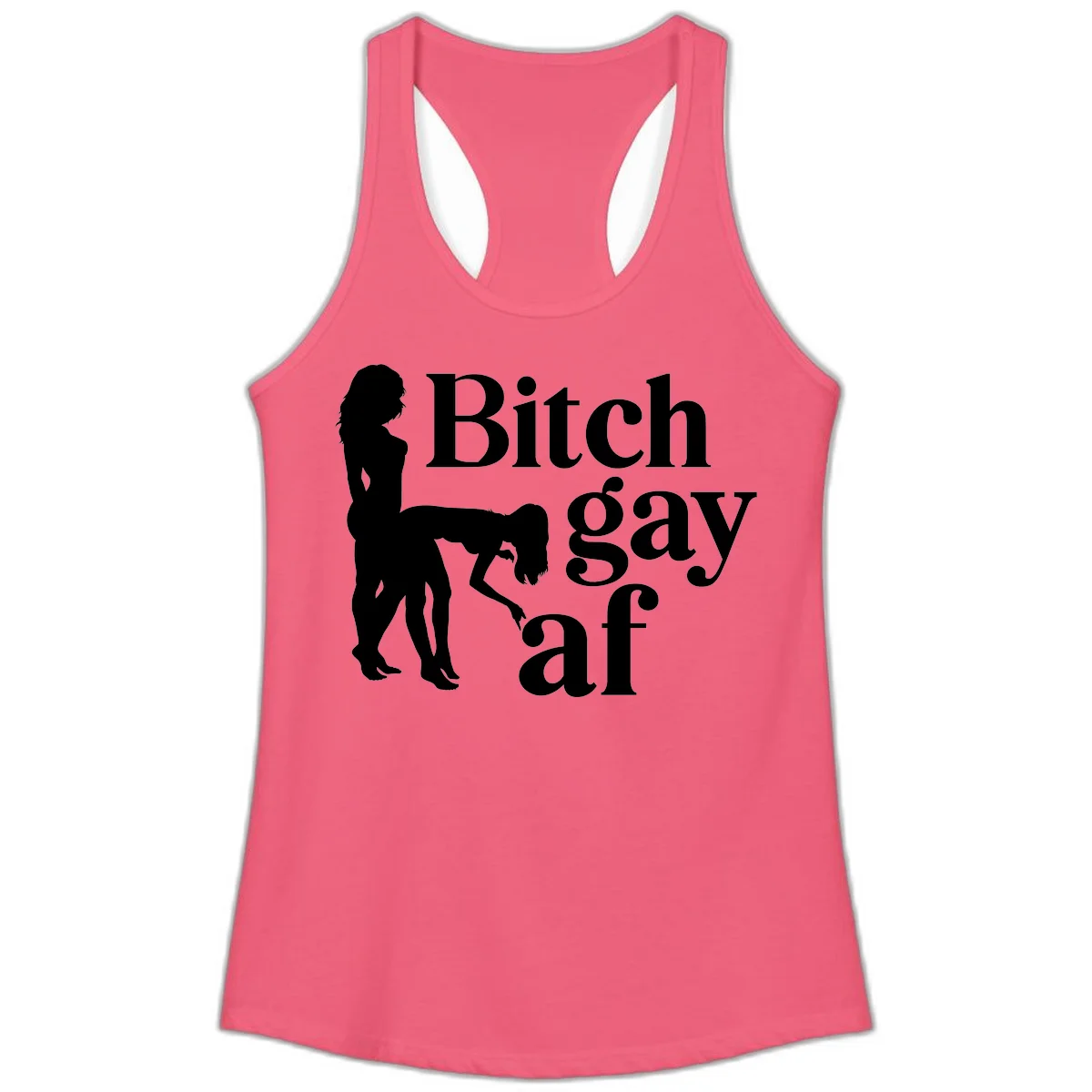 Black silhouettes of two women in intimate pose with 'Bitch gay af' text, bitch-gay-af-pride design in Hot Pink