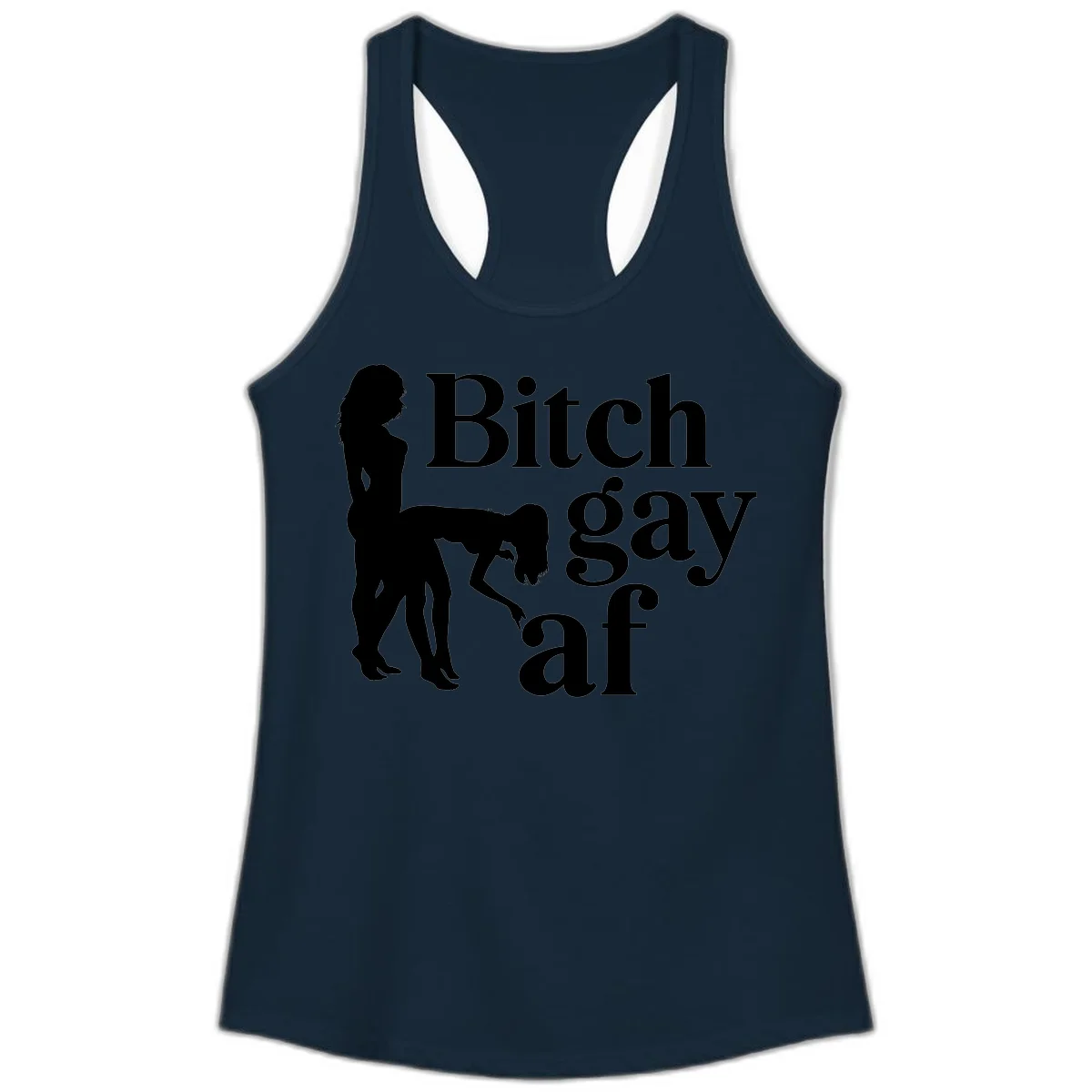 Black silhouettes of two women in intimate pose with 'Bitch gay af' text, bitch-gay-af-pride design in Solid Midnight Navy