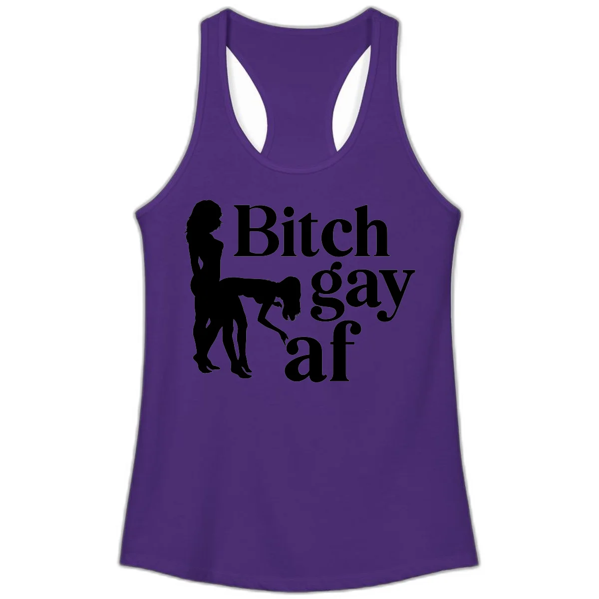 Black silhouettes of two women in intimate pose with 'Bitch gay af' text, bitch-gay-af-pride design in Solid Purple Rush