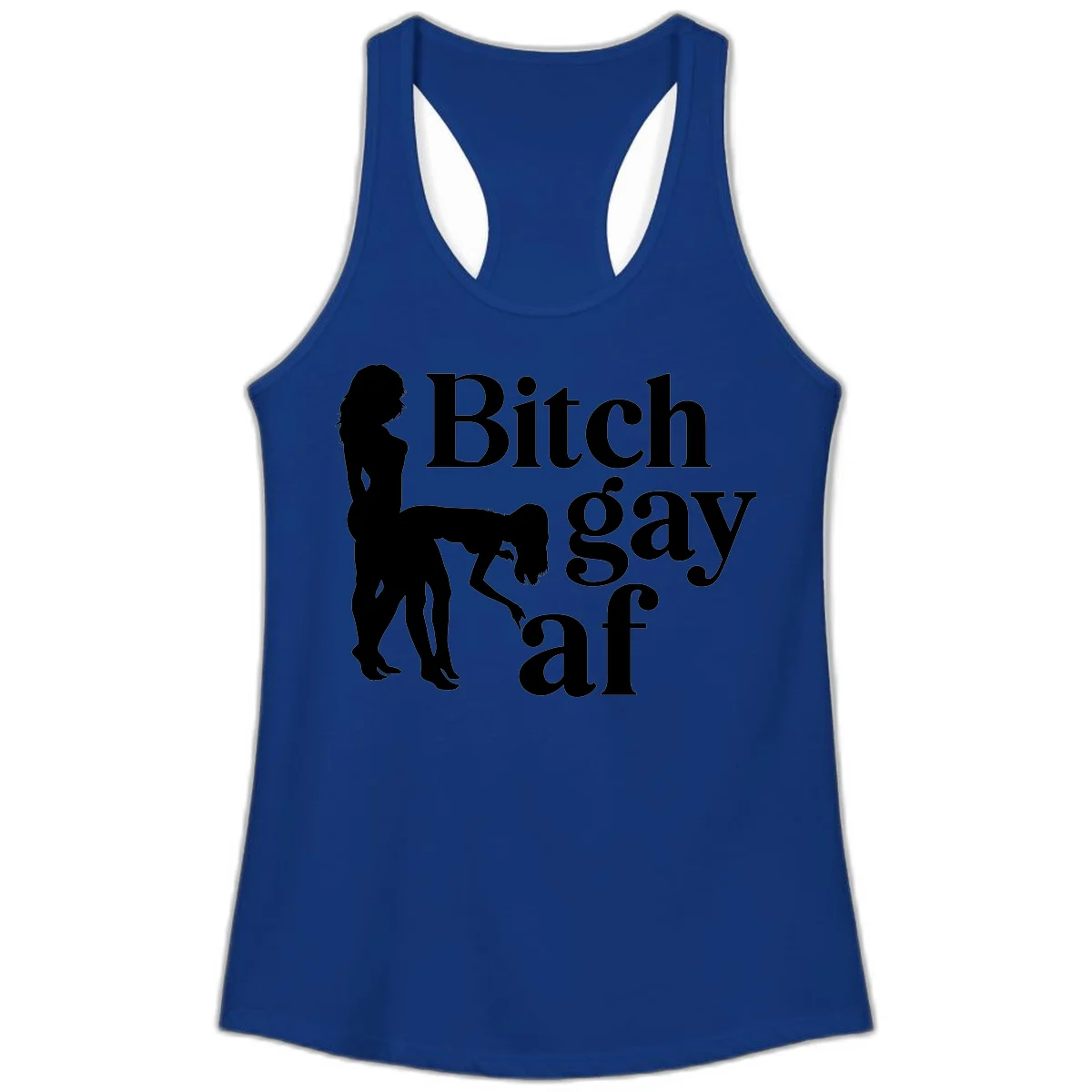 Black silhouettes of two women in intimate pose with 'Bitch gay af' text, bitch-gay-af-pride design in Solid Royal