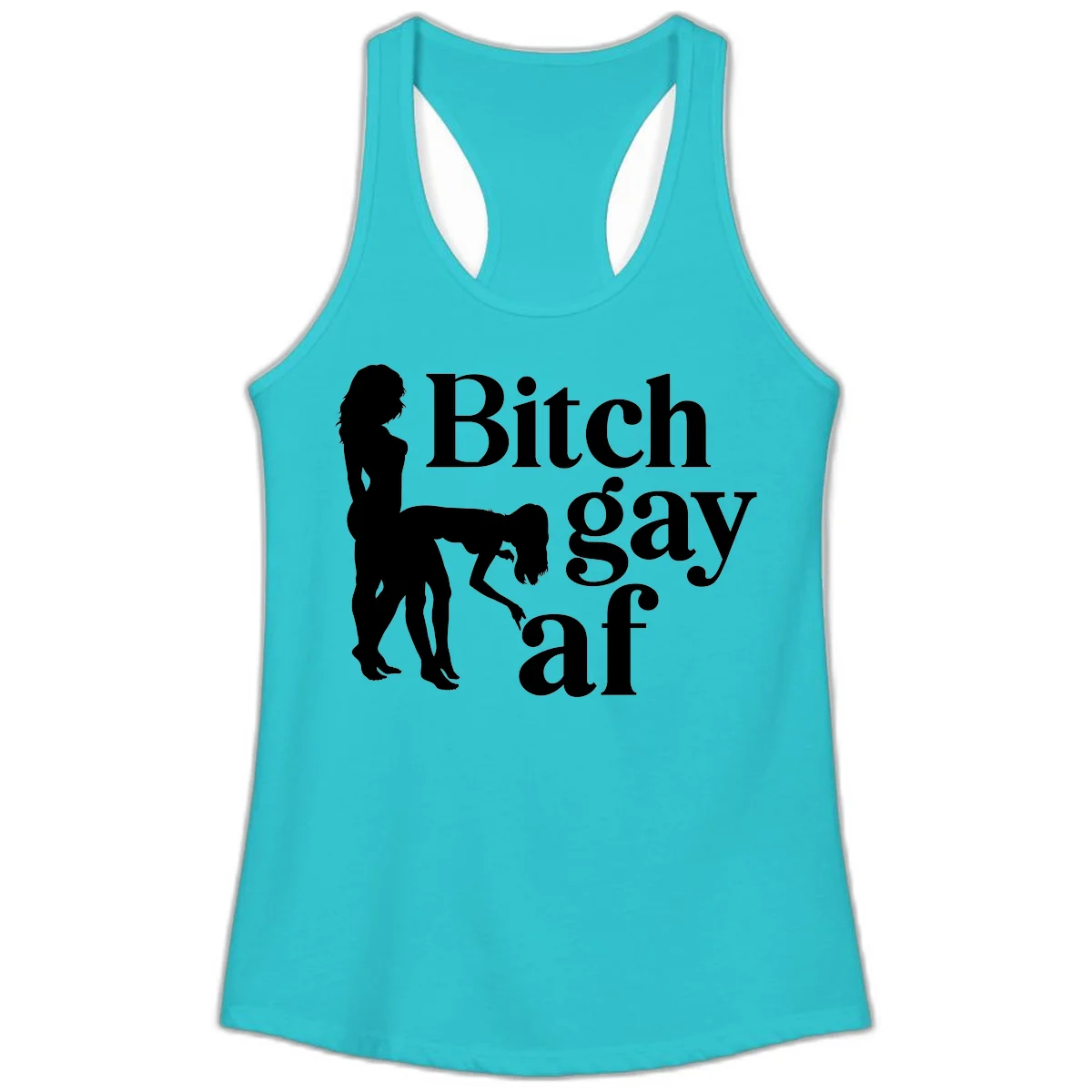 Black silhouettes of two women in intimate pose with 'Bitch gay af' text, bitch-gay-af-pride design in Solid Tahiti Blue