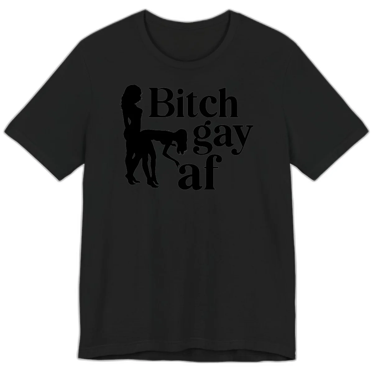 Black silhouettes of two women in intimate pose with 'Bitch gay af' text, bitch-gay-af-pride design in Black