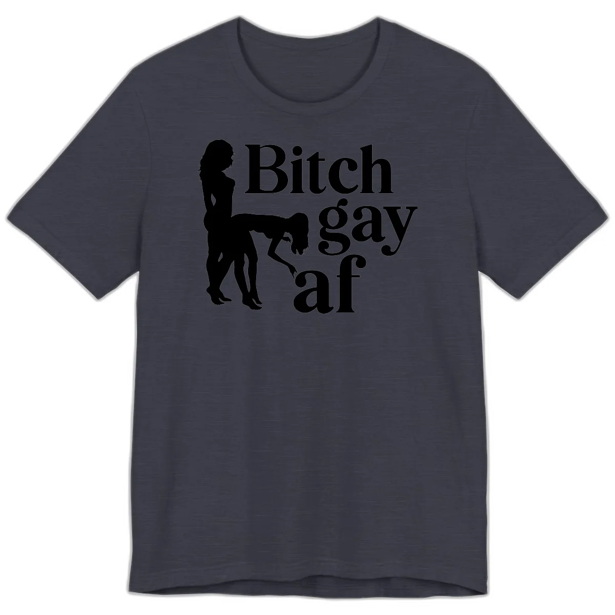 Black silhouettes of two women in intimate pose with 'Bitch gay af' text, bitch-gay-af-pride design in Heather Midnight Navy