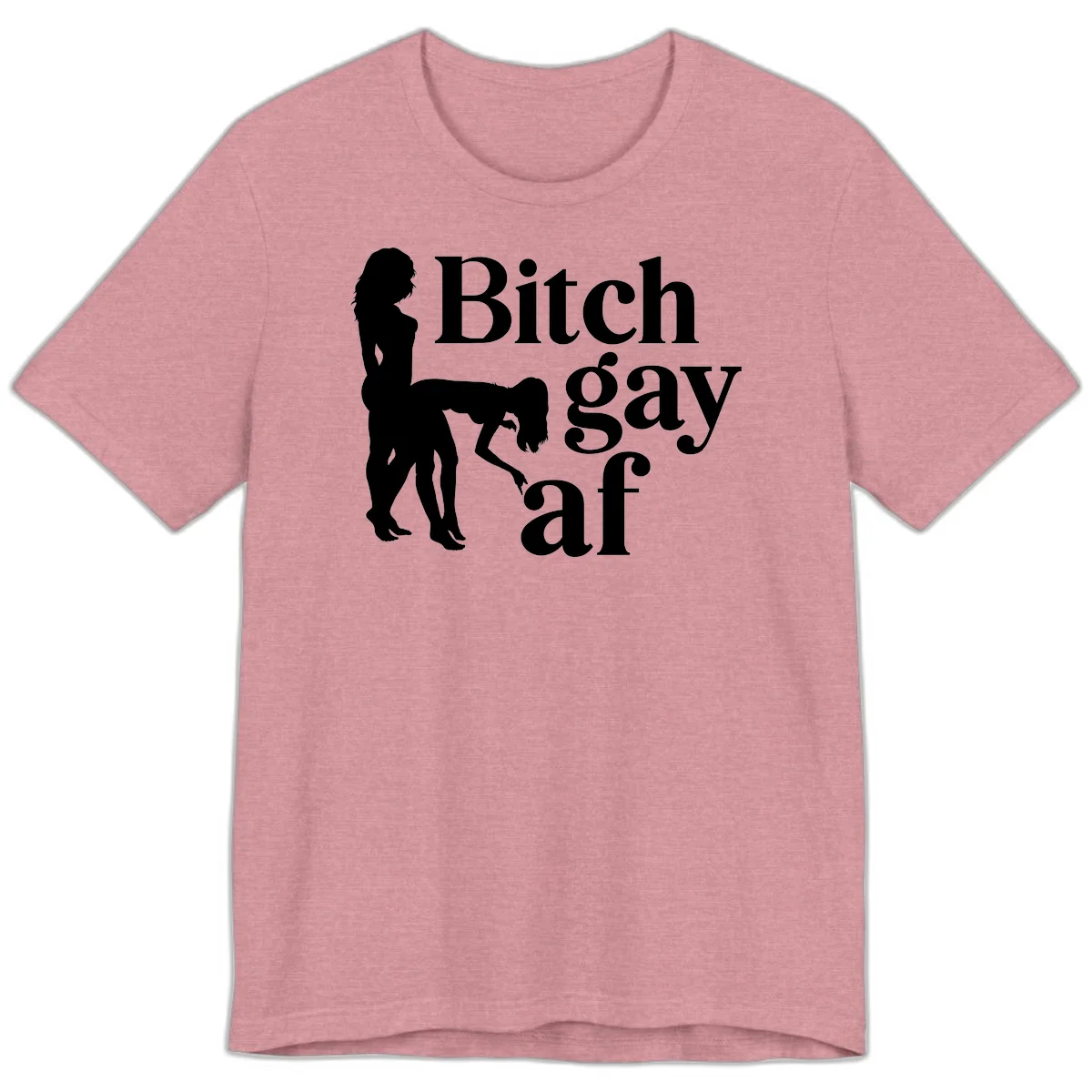 Black silhouettes of two women in intimate pose with 'Bitch gay af' text, bitch-gay-af-pride design in Heather Orchid