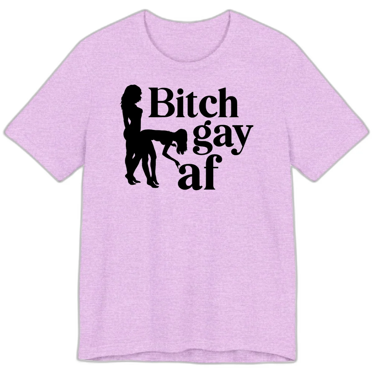 Black silhouettes of two women in intimate pose with 'Bitch gay af' text, bitch-gay-af-pride design in Heather Prism Lilac