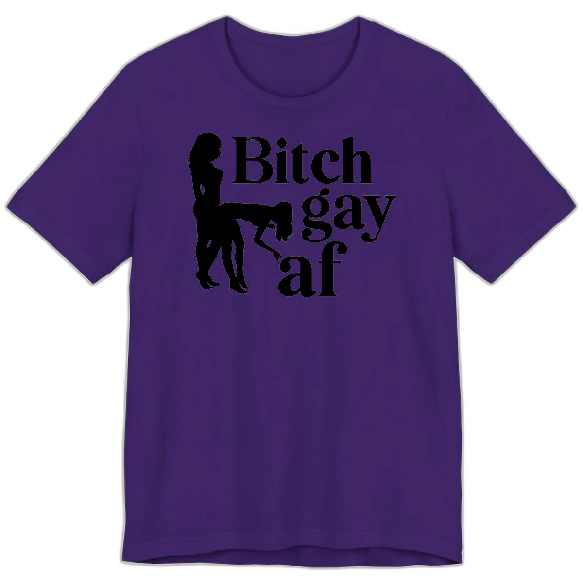 Black silhouettes of two women in intimate pose with 'Bitch gay af' text, bitch-gay-af-pride design in Team Purple