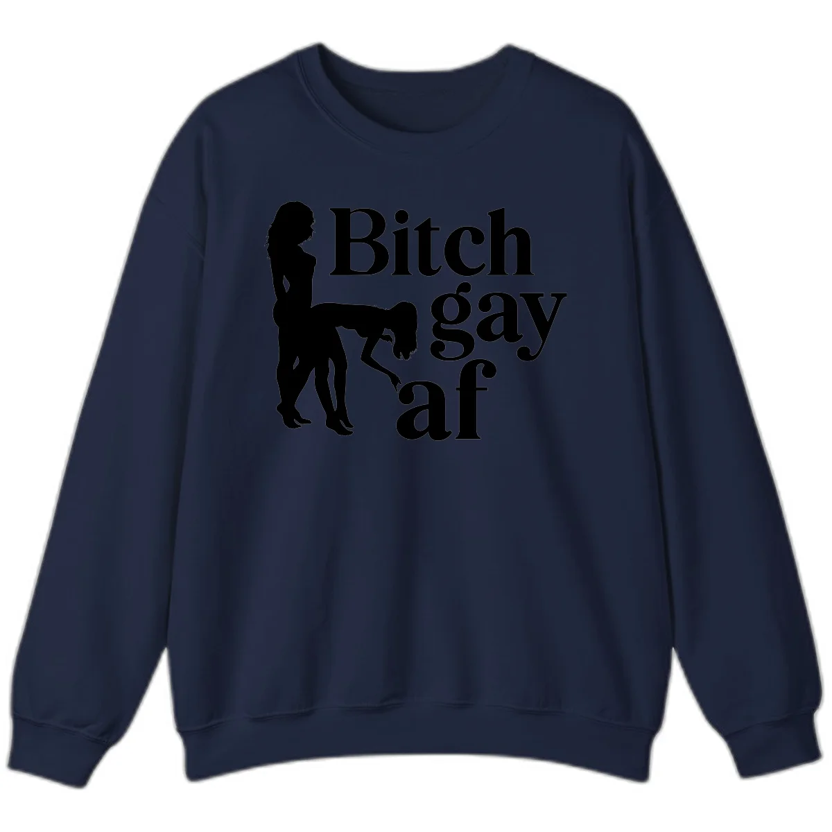 Black silhouettes of two women in intimate pose with 'Bitch gay af' text, bitch-gay-af-pride design in Navy