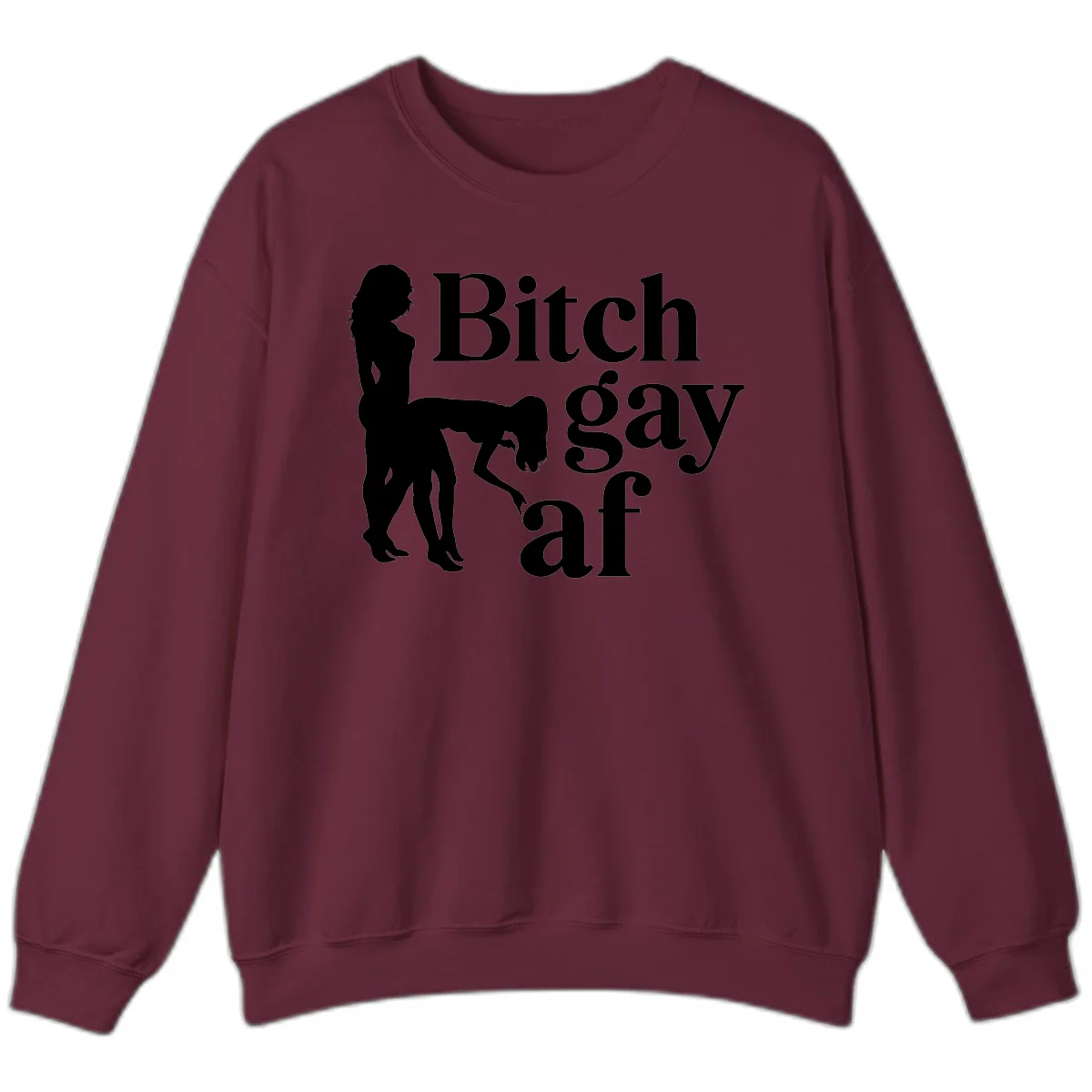 Black silhouettes of two women in intimate pose with 'Bitch gay af' text, bitch-gay-af-pride design in Maroon