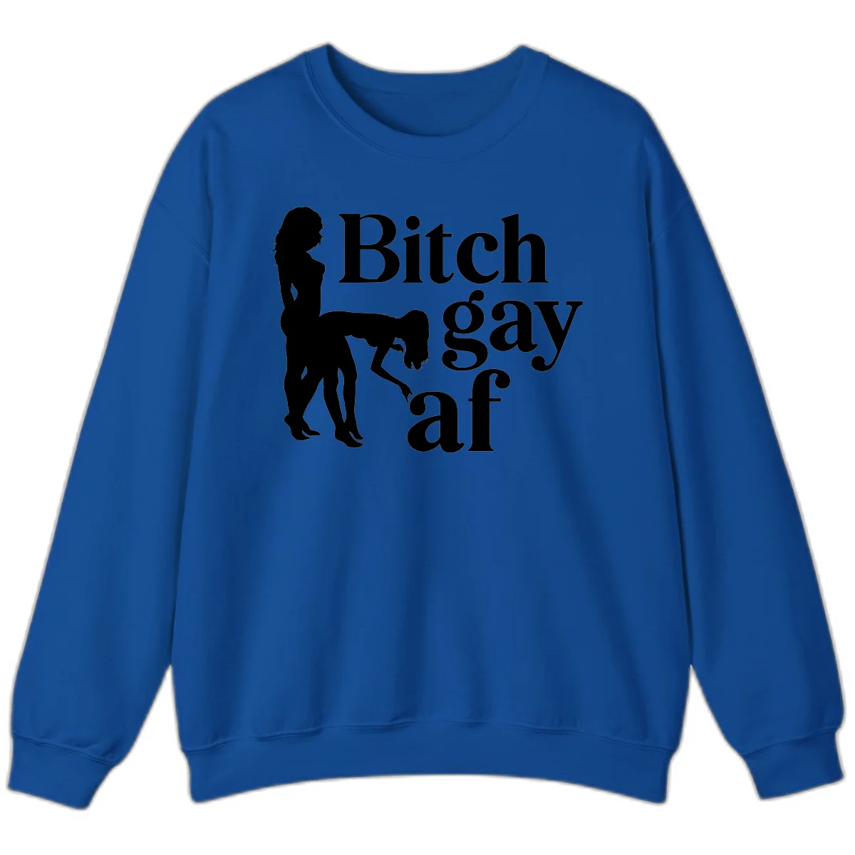 Black silhouettes of two women in intimate pose with 'Bitch gay af' text, bitch-gay-af-pride design in Royal