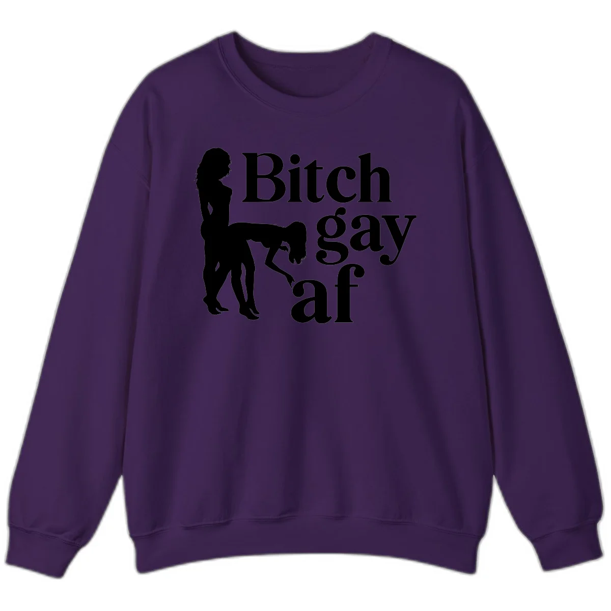 Black silhouettes of two women in intimate pose with 'Bitch gay af' text, bitch-gay-af-pride design in Purple