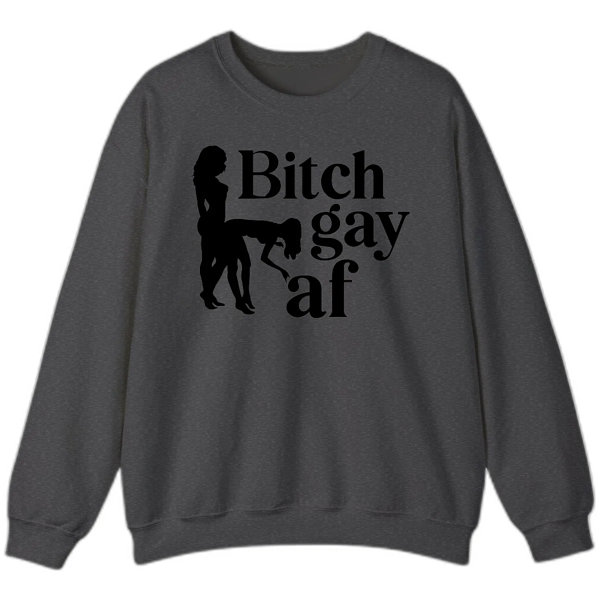 Black silhouettes of two women in intimate pose with 'Bitch gay af' text, bitch-gay-af-pride design in Dark Heather