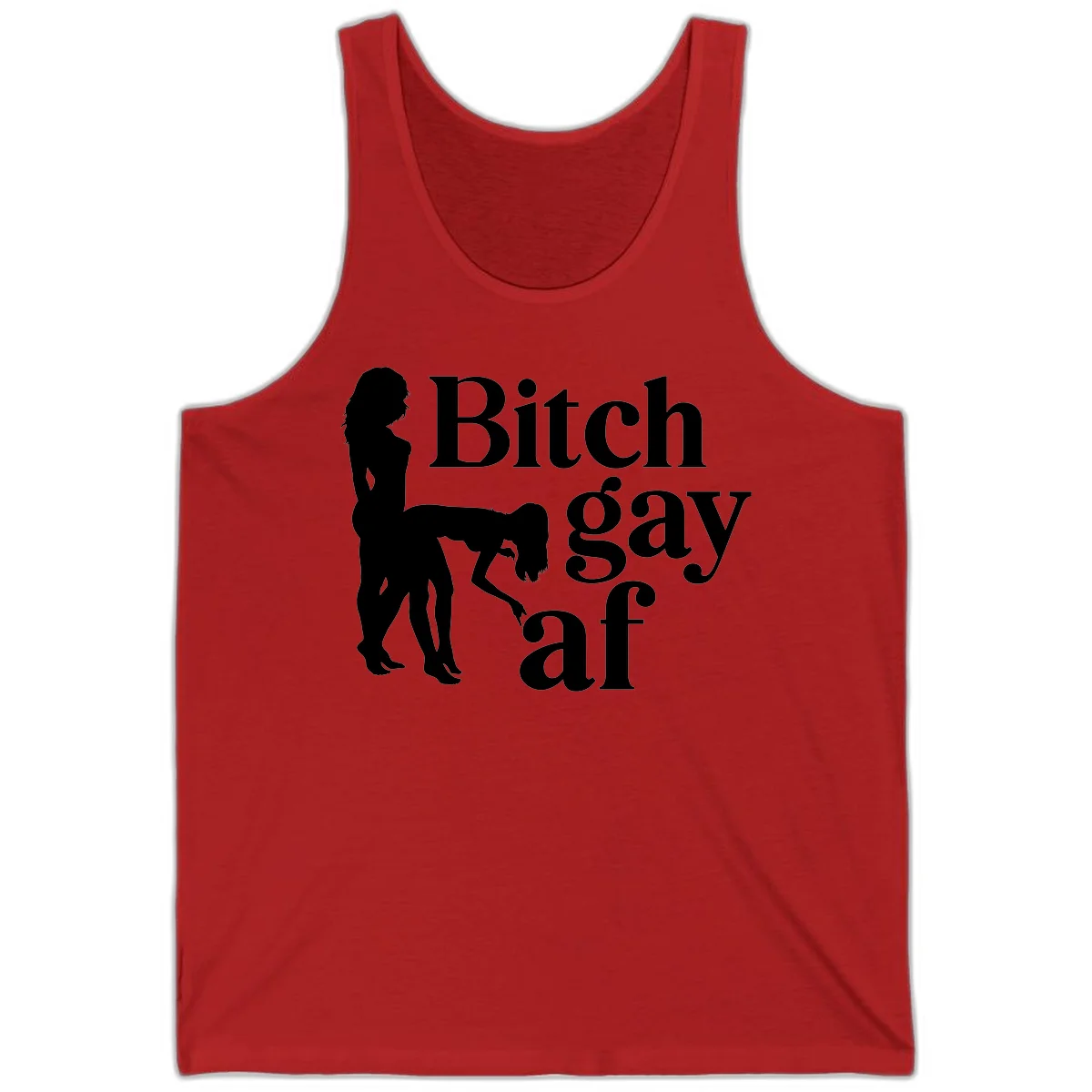 Black silhouettes of two women in intimate pose with 'Bitch gay af' text, bitch-gay-af-pride design in Red