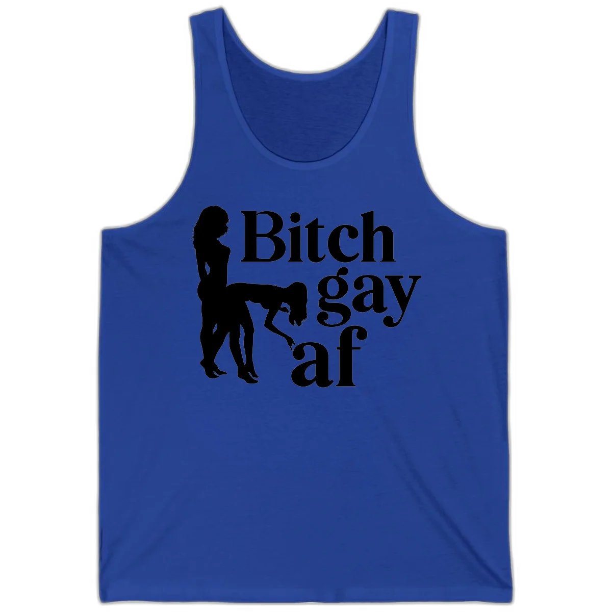 Black silhouettes of two women in intimate pose with 'Bitch gay af' text, bitch-gay-af-pride design in True Royal