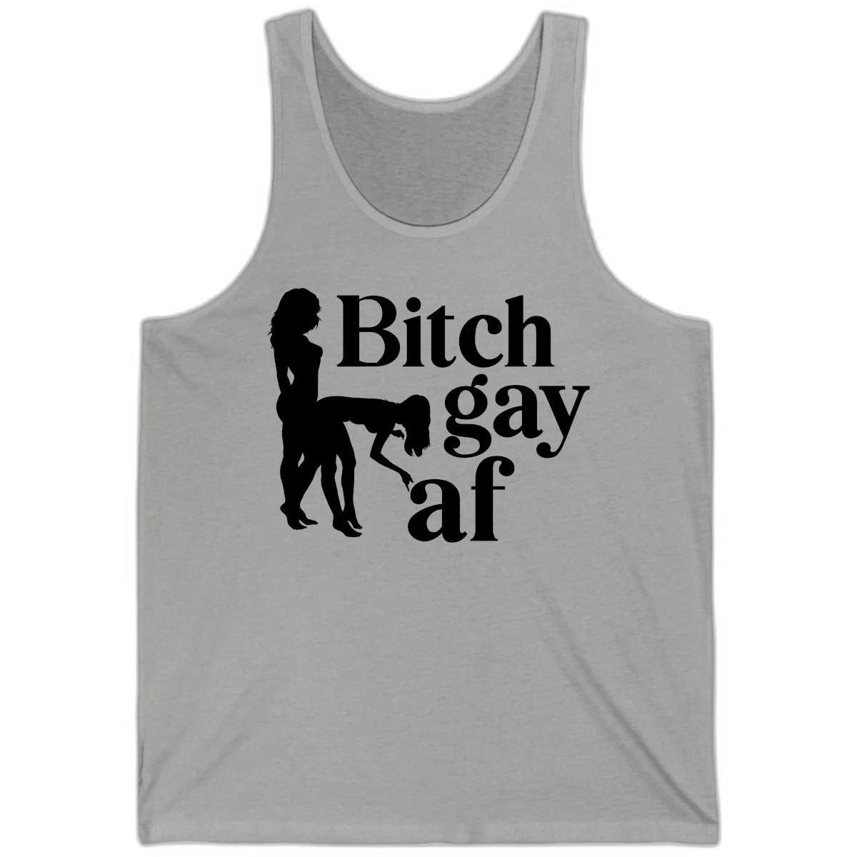 Black silhouettes of two women in intimate pose with 'Bitch gay af' text, bitch-gay-af-pride design in Athletic Heather