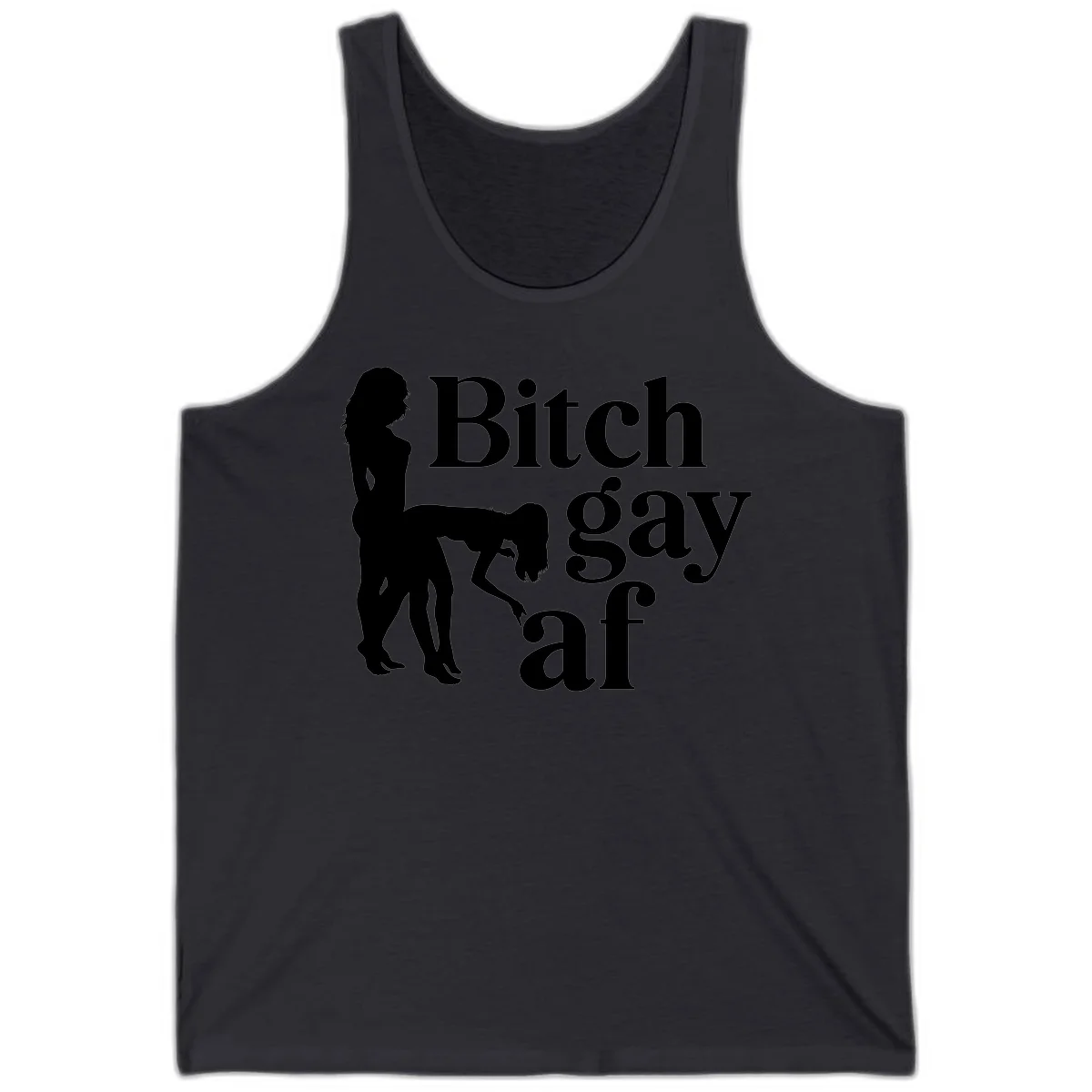 Black silhouettes of two women in intimate pose with 'Bitch gay af' text, bitch-gay-af-pride design in Dark Grey