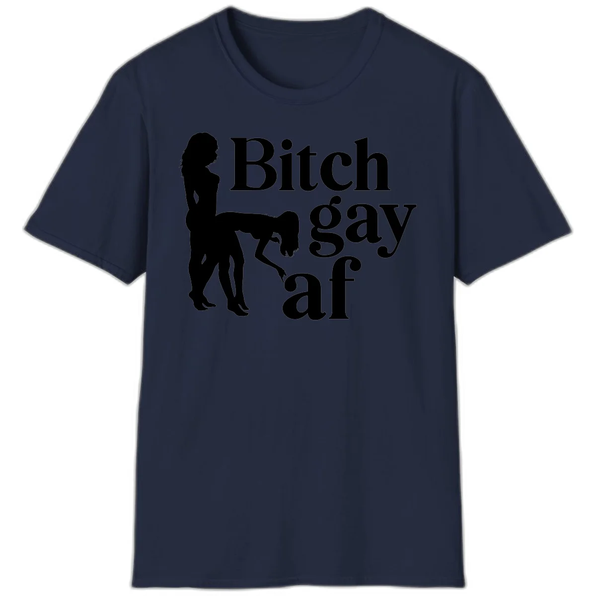 Black silhouettes of two women in intimate pose with 'Bitch gay af' text, bitch-gay-af-pride design in Navy