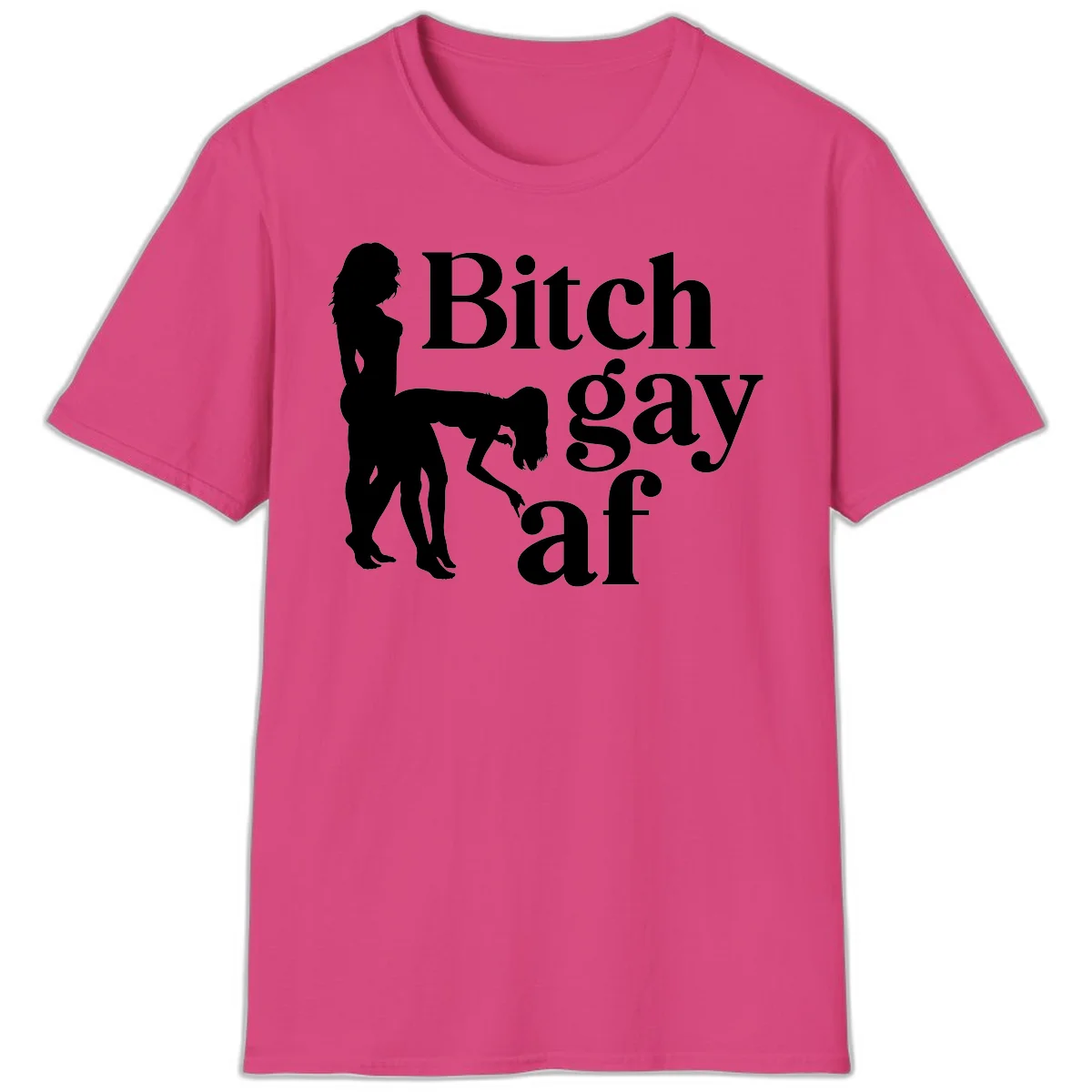Black silhouettes of two women in intimate pose with 'Bitch gay af' text, bitch-gay-af-pride design in Heliconia