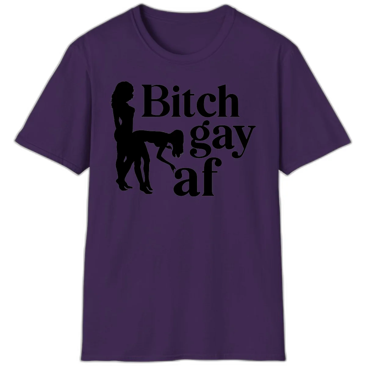 Black silhouettes of two women in intimate pose with 'Bitch gay af' text, bitch-gay-af-pride design in Purple