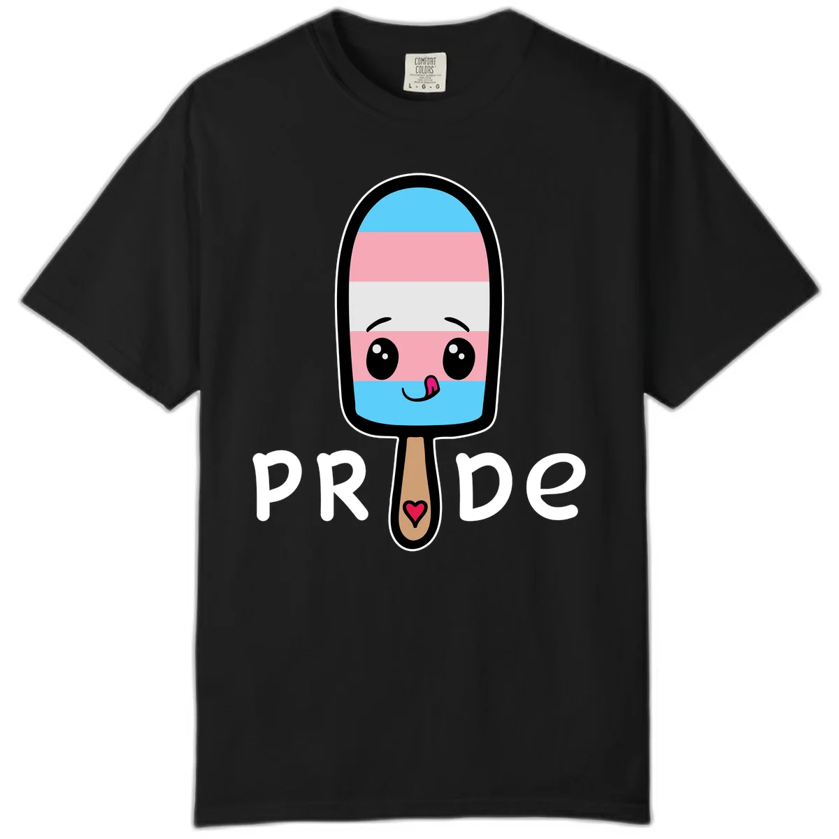 Cute rainbow popsicle with striped design and smiling face, labeled PRIDE with heart on stick in Black
