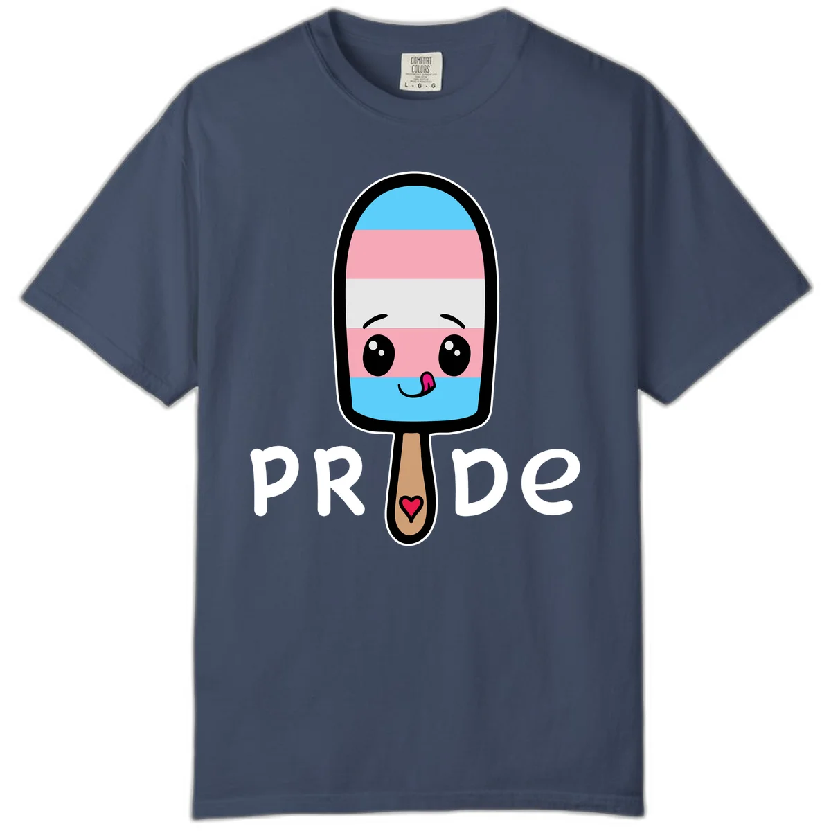 Cute rainbow popsicle with striped design and smiling face, labeled PRIDE with heart on stick in Midnight