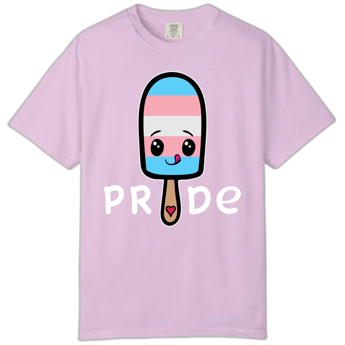 Cute rainbow popsicle with striped design and smiling face, labeled PRIDE with heart on stick in Orchid