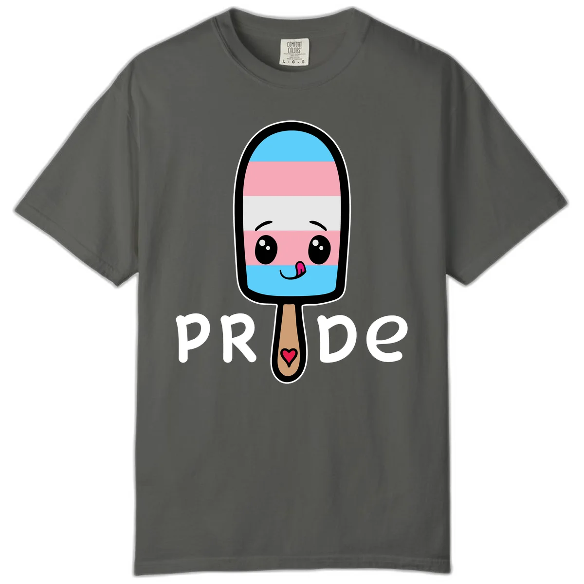Cute rainbow popsicle with striped design and smiling face, labeled PRIDE with heart on stick in Pepper
