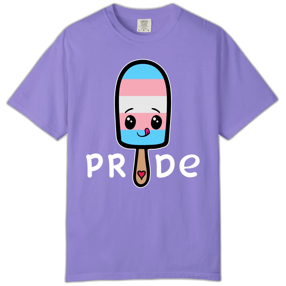 Cute rainbow popsicle with striped design and smiling face, labeled PRIDE with heart on stick in Violet