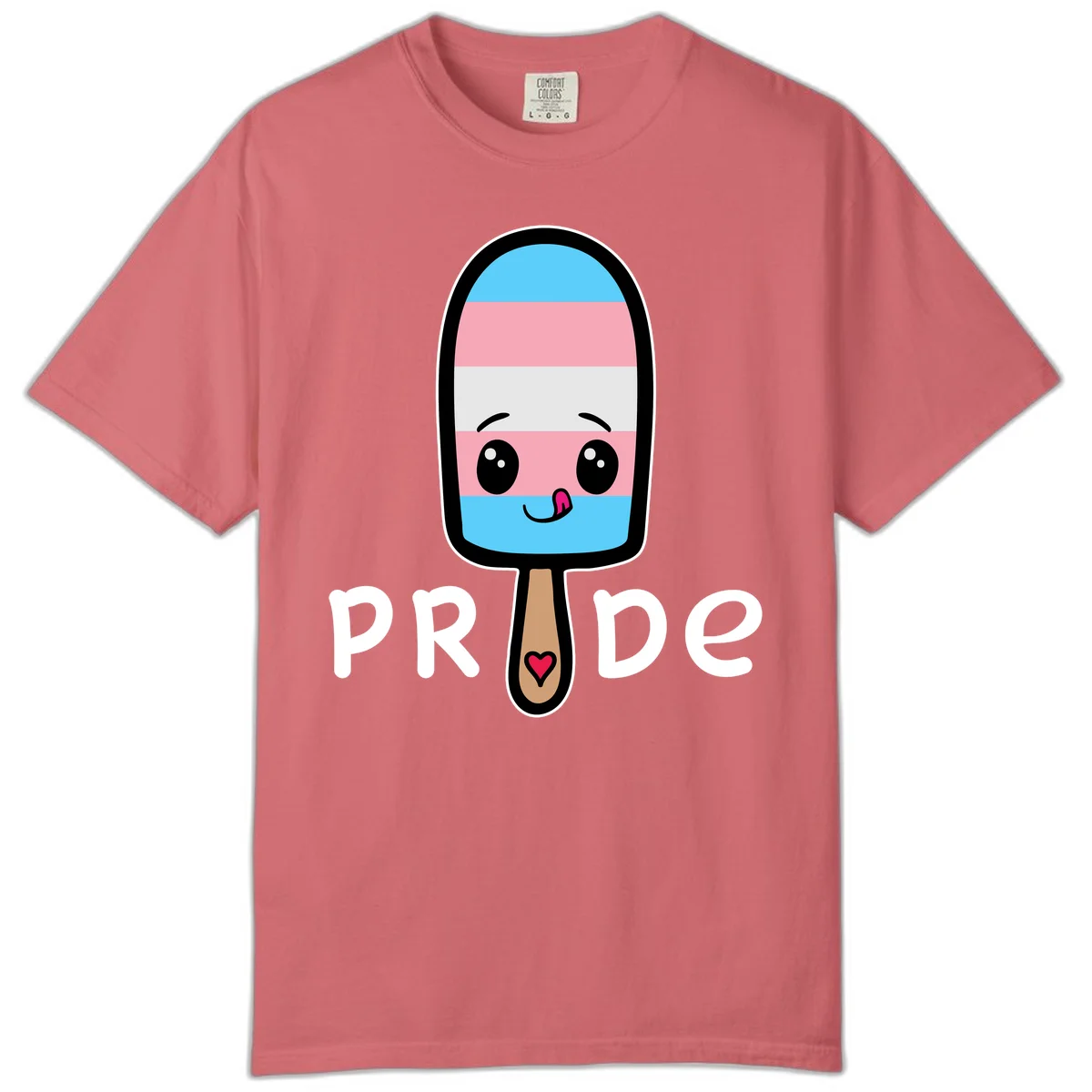 Cute rainbow popsicle with striped design and smiling face, labeled PRIDE with heart on stick in Watermelon