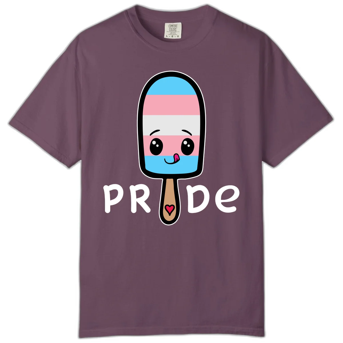 Cute rainbow popsicle with striped design and smiling face, labeled PRIDE with heart on stick in Berry