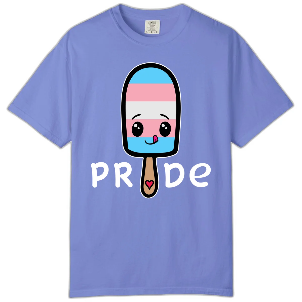 Cute rainbow popsicle with striped design and smiling face, labeled PRIDE with heart on stick in Flo Blue