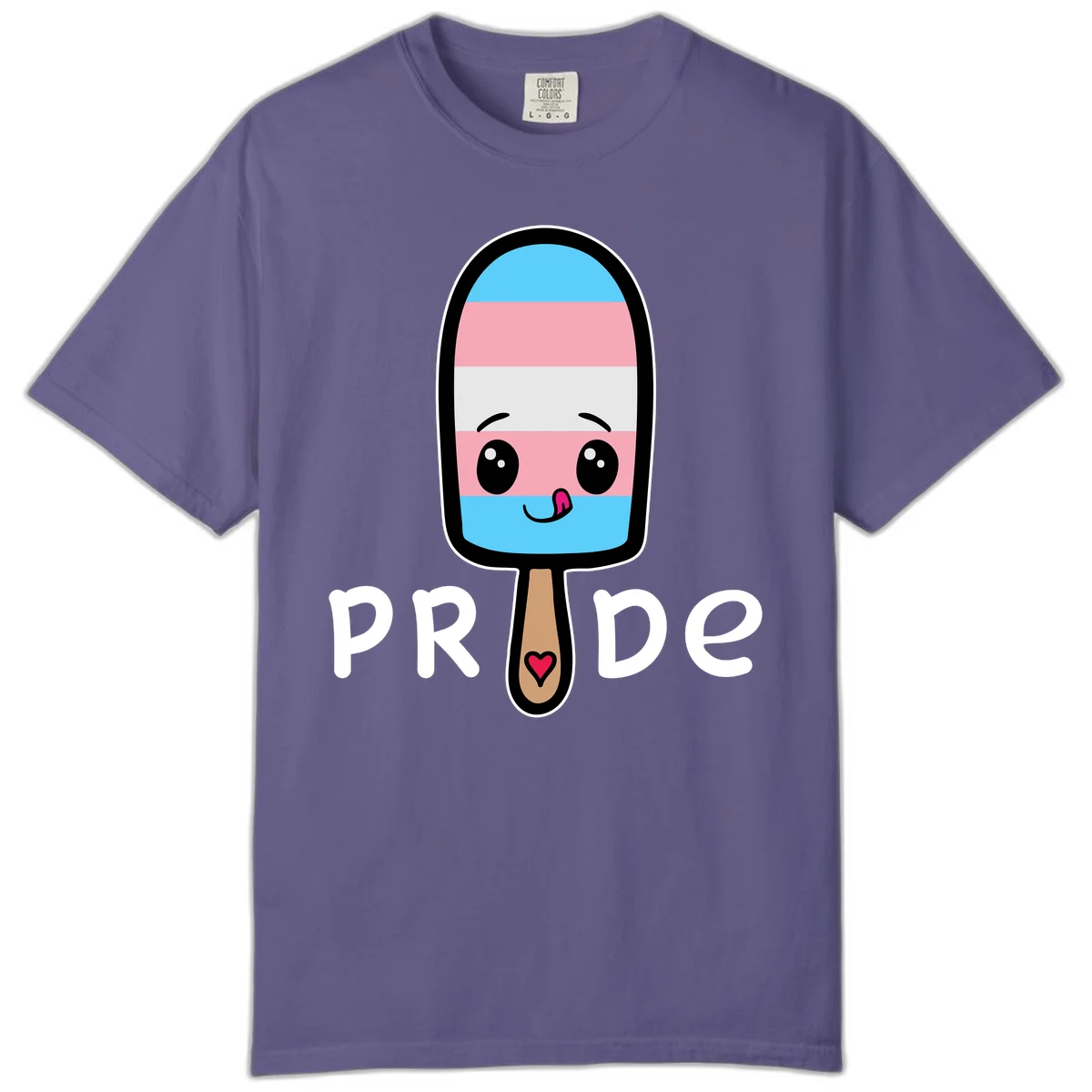 Cute rainbow popsicle with striped design and smiling face, labeled PRIDE with heart on stick in Grape