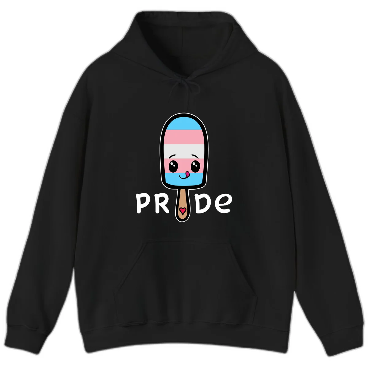 Cute rainbow popsicle with striped design and smiling face, labeled PRIDE with heart on stick in Black