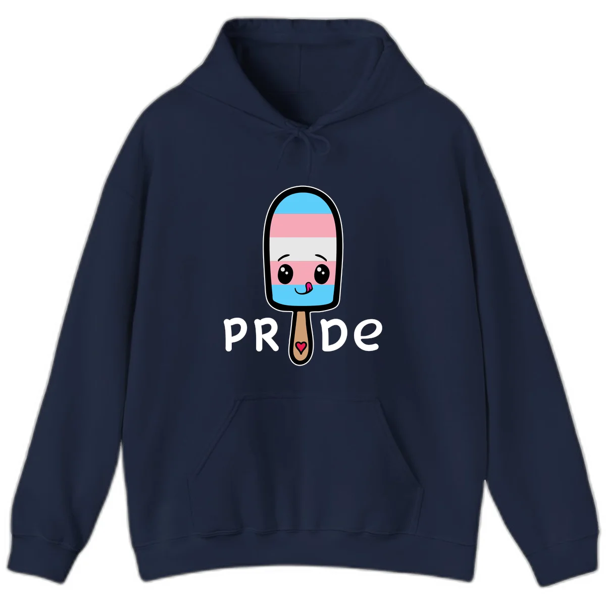 Cute rainbow popsicle with striped design and smiling face, labeled PRIDE with heart on stick in Navy