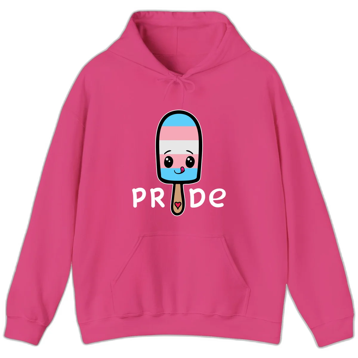 Cute rainbow popsicle with striped design and smiling face, labeled PRIDE with heart on stick in Heliconia