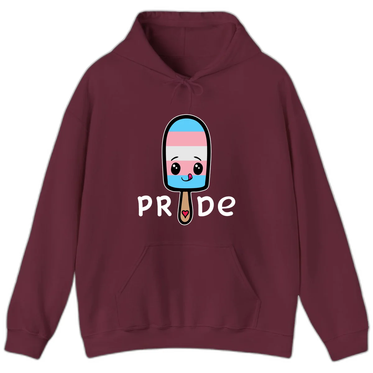 Cute rainbow popsicle with striped design and smiling face, labeled PRIDE with heart on stick in Maroon