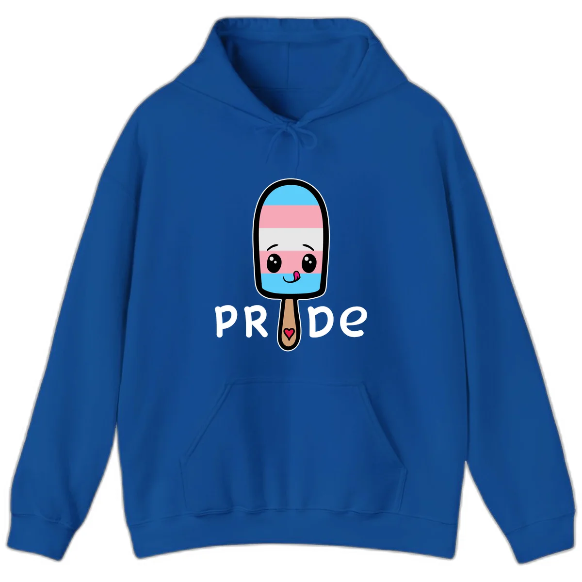 Cute rainbow popsicle with striped design and smiling face, labeled PRIDE with heart on stick in Royal