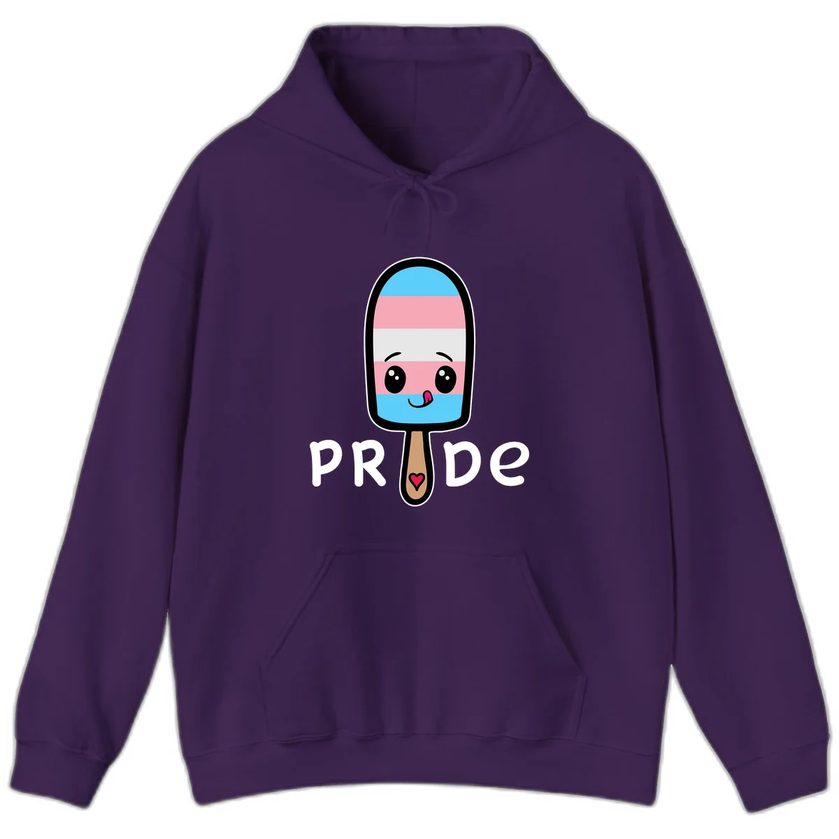Cute rainbow popsicle with striped design and smiling face, labeled PRIDE with heart on stick in Purple