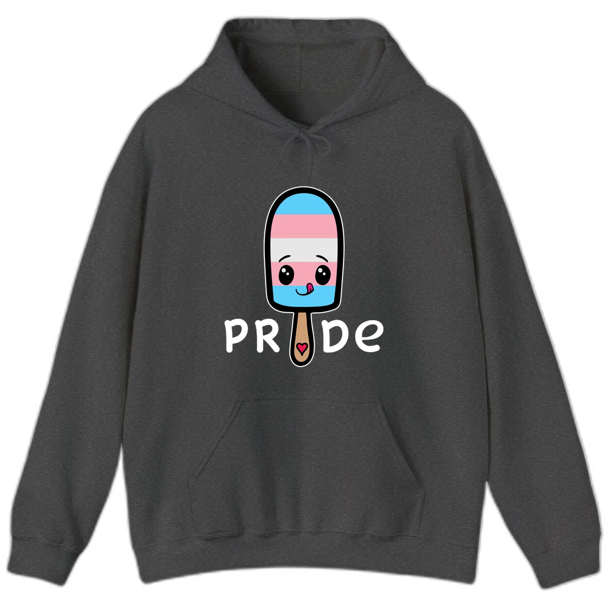 Cute rainbow popsicle with striped design and smiling face, labeled PRIDE with heart on stick in Dark Heather