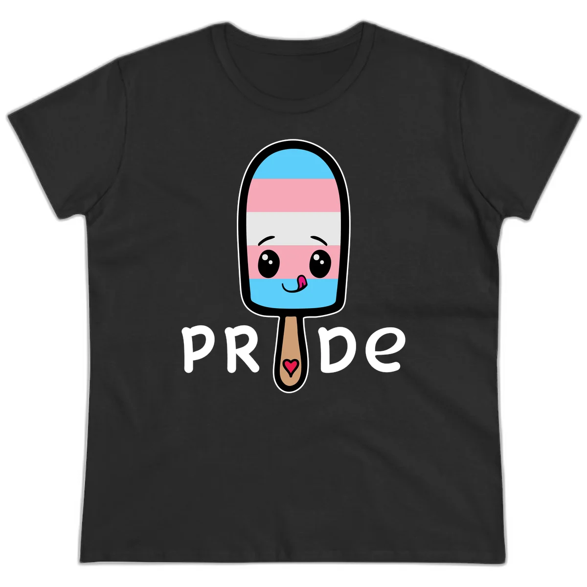 Cute rainbow popsicle with striped design and smiling face, labeled PRIDE with heart on stick in Black