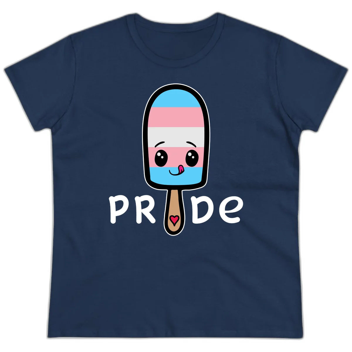 Cute rainbow popsicle with striped design and smiling face, labeled PRIDE with heart on stick in Navy