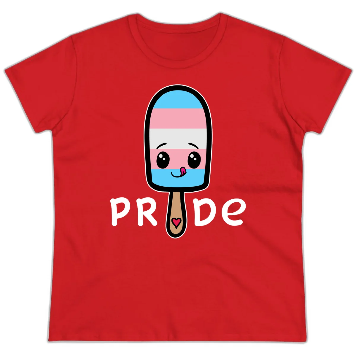 Cute rainbow popsicle with striped design and smiling face, labeled PRIDE with heart on stick in Red