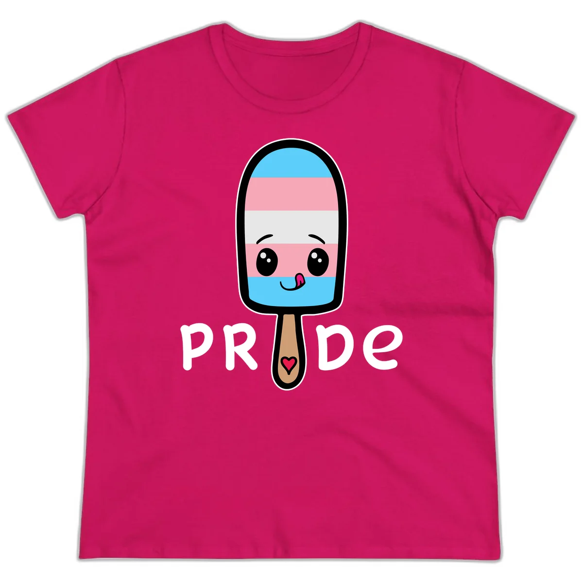 Cute rainbow popsicle with striped design and smiling face, labeled PRIDE with heart on stick in Heliconia